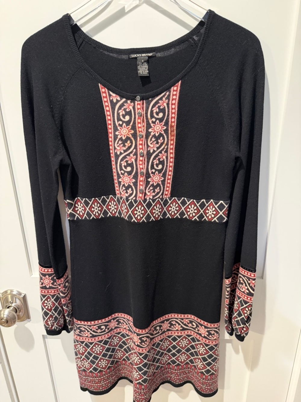 Lucky Brand Black Dress with Red and Cream Patterned Trim